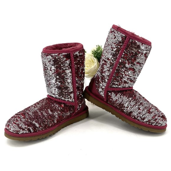 UGG Limited Edition Stellar Flip Sequin Boots Womens Size 6 Booties Burgundy Red - Picture 1 of 10